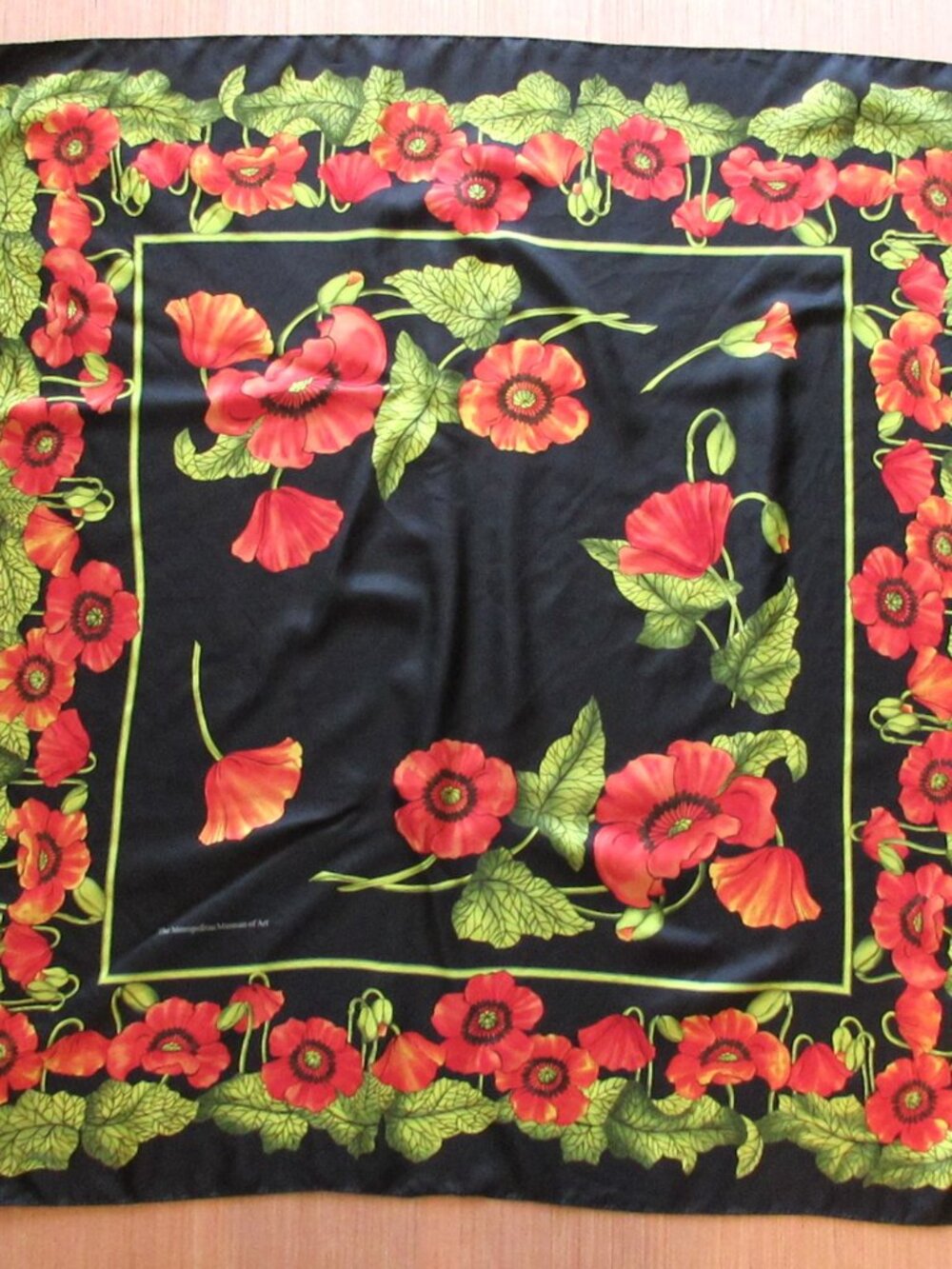 Met Museum Poppy Floral Silk Scarf 34" Square Rolled Edge Black Red Green